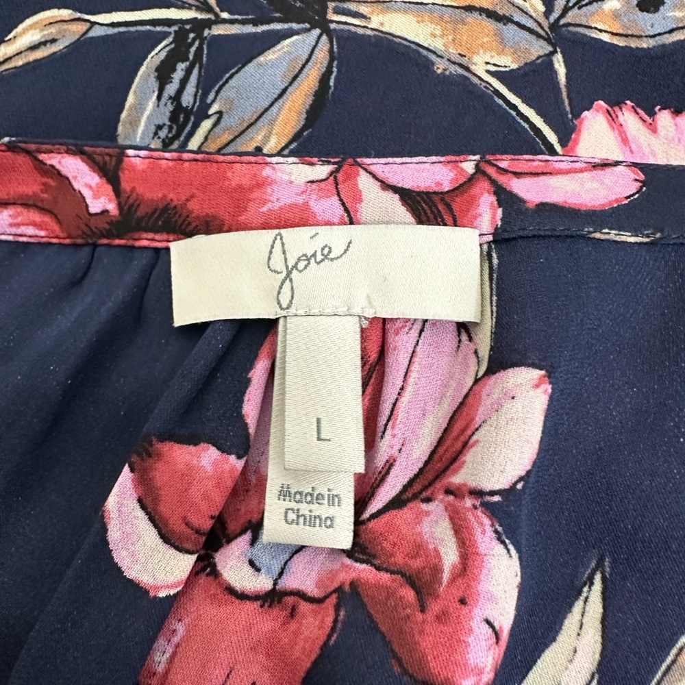 Joie Crisbell 100% Silk Floral Blouse Navy Pink Ruffle Sleeve Top L - Picture 10 of 12